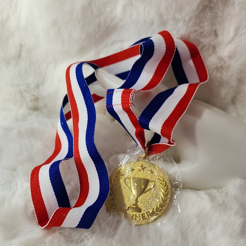 Kids Gold Winner Medal with Red, White, and Blue Ribbon